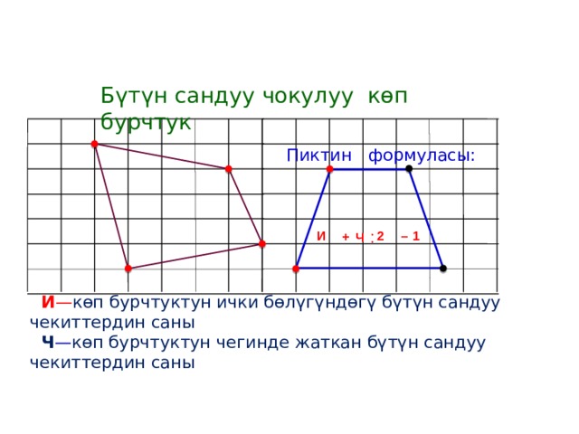 Бүтүн сандуу чокулуу көп бурчтук Пиктин формуласы: : – 1 2 И + Ч  И — көп бурчтуктун ички бөлүгүндөгү бүтүн сандуу чекиттердин саны  Ч — көп бурчтуктун чегинде жаткан бүтүн сандуу чекиттердин саны 
