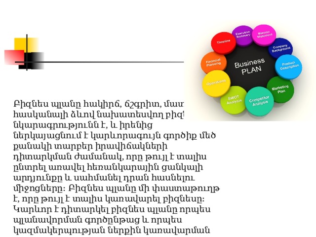 Բիզնես պլանը հակիրճ, ճշգրիտ, մատչելի և հասկանալի ձևով նախատեսվող բիզնեսի նկարագրությունն է, և իրենից ներկայացնում է կարևորագույն գործիք մեծ քանակի տարբեր իրավիճակների դիտարկման ժամանակ, որը թույլ է տալիս ընտրել առավել հեռանկարային ցանկալի արդյունքը և սահմանել դրան հասնելու միջոցները։ Բիզնես պլանը մի փաստաթուղթ է, որը թույլ է տալիս կառավարել բիզնեսը։ Կարևոր է դիտարկել բիզնես պլանը որպես պլանավորման գործընթաց և որպես կազմակերպության ներքին կառավարման գործիք։ 