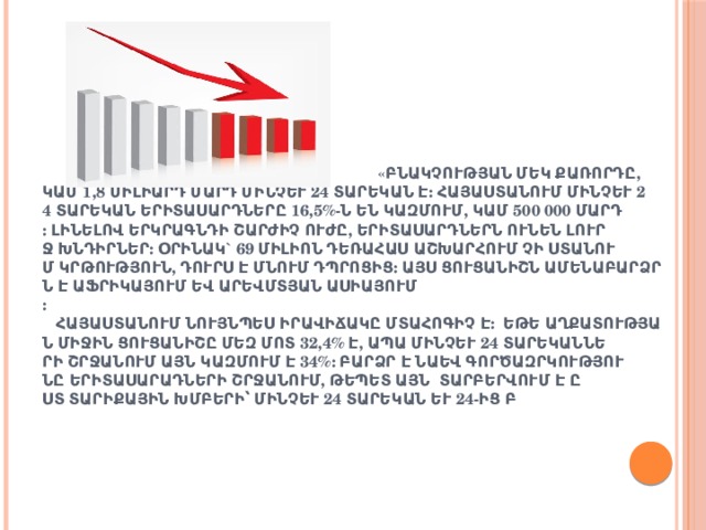  «Բնակչության մեկ քառորդը, կամ 1,8 միլիարդ մարդ մինչև 24 տարեկան է: Հայաստանում մինչև 24 տարեկան երիտասարդները 16,5%-ն են կազմում, կամ 500 000 մարդ: Լինելով երկրագնդի շարժիչ ուժը, երիտասարդներն ունեն լուրջ խնդիրներ: Օրինակ` 69 միլիոն դեռահաս աշխարհում չի ստանում կրթություն, դուրս է մնում դպրոցից: Այս ցուցանիշն ամենաբարձրն է Աֆրիկայում եվ Արեվմտյան Ասիայում»:       Հայաստանում նույնպես իրավիճակը մտահոգիչ է:  եթե աղքատության միջին ցուցանիշը մեզ մոտ 32,4% է, ապա մինչև 24 տարեկանների շրջանում այն կազմում է 34%: Բարձր է նաեվ գործազրկությունը երիտասարադների շրջանում, թեպետ այն  տարբերվում է ըստ տարիքային խմբերի՝ մինչև 24 տարեկան և 24-ից բարձր:   