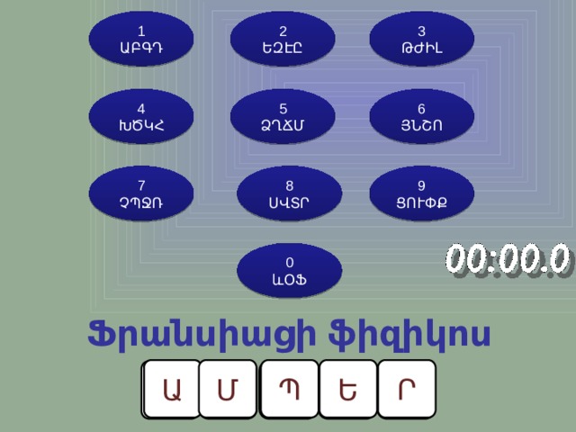 2 1 3 ԹԺԻԼ ԱԲԳԴ ԵԶԷԸ 5 6 4 ՅՆՇՈ ՁՂՃՄ ԽԾԿՀ 7 8 9 ՑՈՒՓՔ ՍՎՏՐ ՉՊՋՌ 0 ևՕՖ Ֆրանսիացի ֆիզիկոս Ա Մ Պ Ե Ր 7 8 2 1 5 