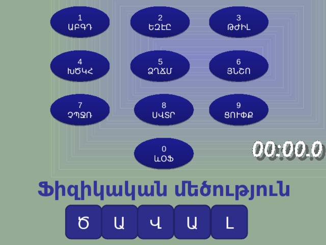 1 2 3 ԵԶԷԸ ԹԺԻԼ ԱԲԳԴ 4 5 6 ԽԾԿՀ ՁՂՃՄ ՅՆՇՈ 8 9 7 ՉՊՋՌ ՍՎՏՐ ՑՈՒՓՔ 0 ևՕՖ Ֆիզիկական մեծություն 1 8 3 4 Ծ Ա Վ Ա Լ 1 