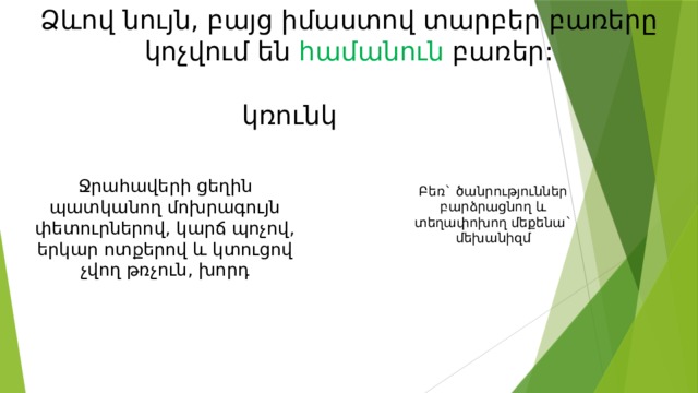 Ձևով նույն, բայց իմաստով տարբեր բառերը կոչվում են համանուն բառեր: կռունկ Ջրահավերի ցեղին պատկանող մոխրագույն փետուրներով, կարճ պոչով, երկար ոտքերով և կտուցով չվող թռչուն, խորդ Բեռ` ծանրություններ բարձրացնող և տեղափոխող մեքենա` մեխանիզմ 