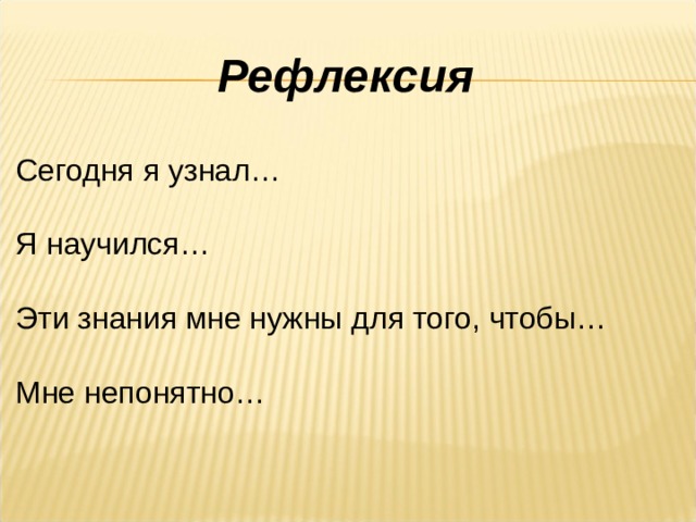 Рефлексия Сегодня я узнал… Я научился… Эти знания мне нужны для того, чтобы… Мне непонятно… 