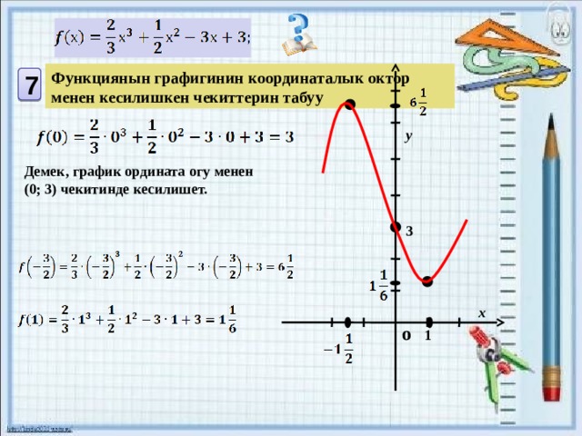 Функциянын графигинин координаталык октор менен кесилишкен чекиттерин табуу 7 у Демек, график ордината огу менен (0; 3) чекитинде кесилишет. 3 х о 1 
