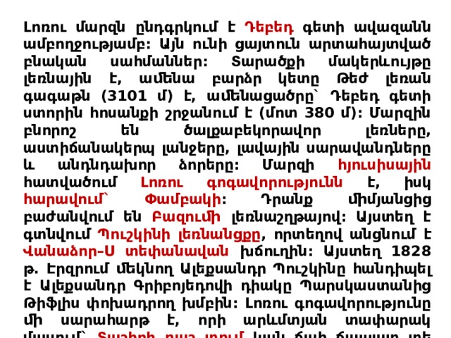 Լոռու մարզն ընդգրկում է Դեբեդ գետի ավազանն ամբողջությամբ: Այն ունի ցայտուն արտահայտված բնական սահմաններ: Տարածքի մակերևույթը լեռնային է, աﬔնա բարձր կետը Թեժ լեռան գագաթն (3101 մ) է, աﬔնացածրը` Դեբեդ գետի ստորին հոսանքի շրջանում է (մոտ 380 մ): Մարզին բնորոշ են ծալքաբեկորավոր լեռները, աստիճանակերպ լանջերը, լավային սարավանդները և անդնդախոր ձորերը: Մարզի հյուսիսային հատվածում Լոռու գոգավորությունն է, իսկ հարավում` Փամբակի : Դրանք ﬕմյանցից բաժանվում են Բազուﬕ լեռնաշղթայով: Այստեղ է գտնվում Պուշկինի լեռնանցքը , որտեղով անցնում է Վանաձոր–Ս տեփանավան խճուղին: Այստեղ 1828 թ. Էրզրում ﬔկնող Ալեքսանդր Պուշկինը հանդիպել է Ալեքսանդր Գրիբոյեդովի դիակը Պարսկաստանից Թիֆլիս փոխադրող խմբին: Լոռու գոգավորությունը ﬕ սարահարթ է, որի արևմտյան տափարակ մասում` Տաշիրի դաշ տում կան ճահ ճապատ տե ղամասե ր: 