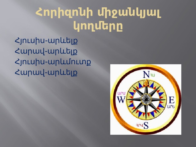 Հորիզոնի միջանկյալ կողմերը Հյուսիս-արևելք Հարավ-արևելք Հյուսիս-արևմուտք Հարավ-արևելք 