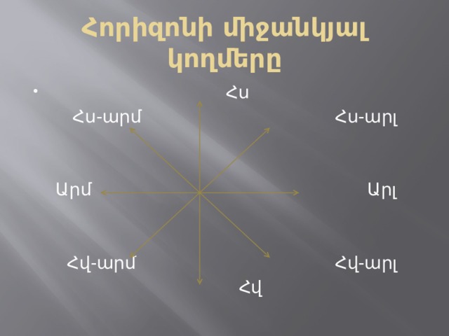 Հորիզոնի միջանկյալ կողմերը  Հս  Հս-արմ Հս-արլ  Արմ Արլ  Հվ-արմ Հվ-արլ  Հվ 