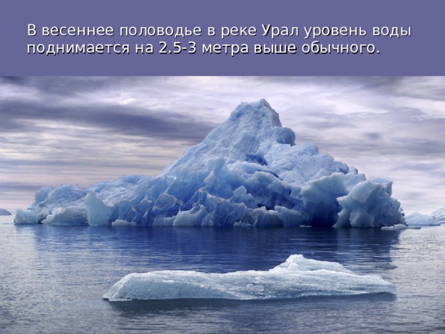 В весеннее половодье в реке Урал уровень воды поднимается на 2.5-3 метра выше обычного. 