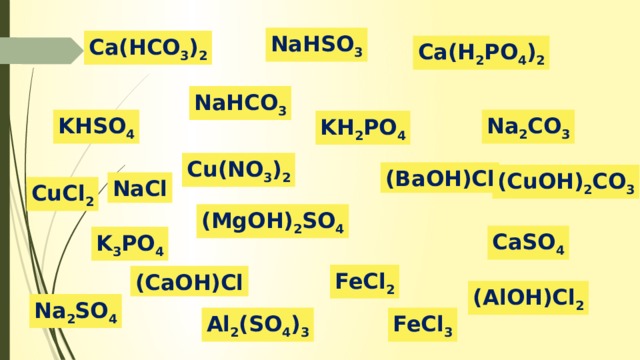 NaHSO 3 Ca(HCO 3 ) 2 Ca(H 2 PO 4 ) 2 NaHCO 3 KHSO 4 Na 2 CO 3 KH 2 PO 4 Cu(NO 3 ) 2 (BaOH)Cl (CuOH) 2 CO 3 NaCl CuCl 2 (MgOH) 2 SO 4 CaSO 4 K 3 PO 4 FeCl 2 (CaOH)Cl (AlOH)Cl 2 Na 2 SO 4 FeCl 3 Al 2 (SO 4 ) 3 