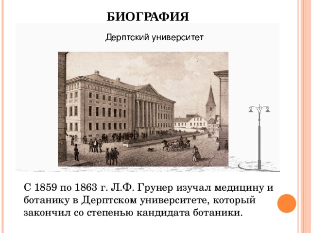 БИОГРАФИЯ C 1859 по 1863 г. Л.Ф. Грунер изучал медицину и ботанику в Дерптском университете, который закончил со степенью кандидата ботаники. 