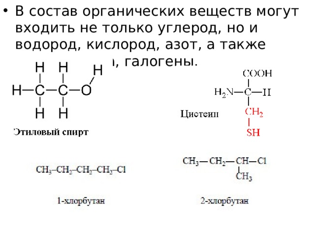 В состав органических веществ могут входить не только углерод, но и водород, кислород, азот, а также фосфор, сера, галогены. 