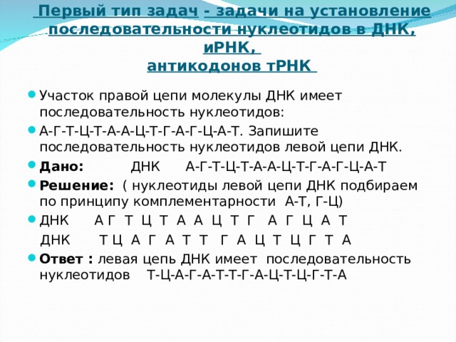  Первый тип задач  - задачи на установление последовательности нуклеотидов в ДНК, иРНК,  антикодонов тРНК Участок правой цепи молекулы ДНК имеет последовательность нуклеотидов: А-Г-Т-Ц-Т-А-А-Ц-Т-Г-А-Г-Ц-А-Т. Запишите последовательность нуклеотидов левой цепи ДНК. Дано: ДНК А-Г-Т-Ц-Т-А-А-Ц-Т-Г-А-Г-Ц-А-Т Решение: ( нуклеотиды левой цепи ДНК подбираем по принципу комплементарности А-Т, Г-Ц) ДНК А Г Т Ц Т А А Ц Т Г А Г Ц А Т  ДНК Т Ц А Г А Т Т Г А Ц Т Ц Г Т А Ответ : левая цепь ДНК имеет последовательность нуклеотидов Т-Ц-А-Г-А-Т-Т-Г-А-Ц-Т-Ц-Г-Т-А  