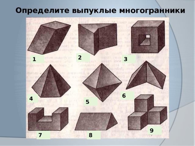Определите выпуклые многогранники 2 1 3 6 4 5 9 7 8 