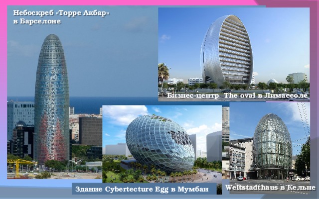 Небоскреб «Торре Акбар» в Барселоне Бизнес-центр The oval в Лимассоле Weltstadthaus в Кельне Здание Cybertecture Egg в Мумбаи 