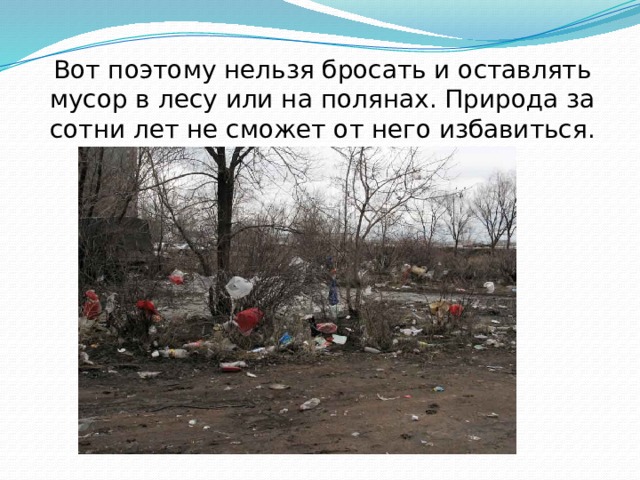 Вот поэтому нельзя бросать и оставлять мусор в лесу или на полянах. Природа за сотни лет не сможет от него избавиться. 