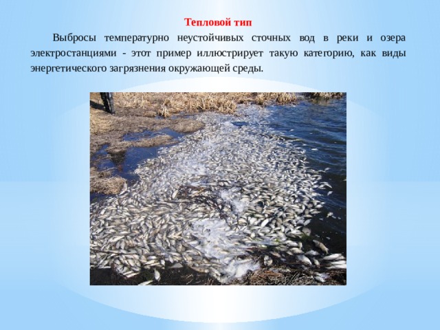 Тепловой тип  Выбросы температурно неустойчивых сточных вод в реки и озера электростанциями - этот пример иллюстрирует такую категорию, как виды энергетического загрязнения окружающей среды. 