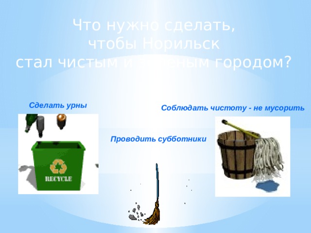 Что нужно сделать, чтобы Норильск стал чистым и зеленым городом?  Сделать урны Соблюдать чистоту - не мусорить  Проводить субботники 