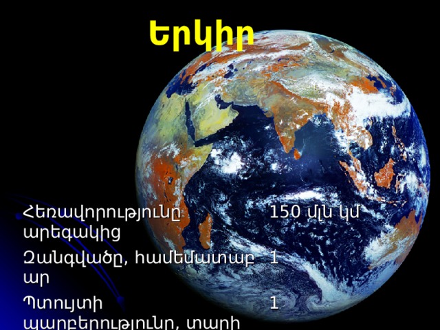 Երկիր Հեռավորությունը արեգակից Զանգվածը ,  համեմատաբար 1 50  մլն կմ Պտույտի պարբերությունը, տարի 1 1 Օրվա  տ և ողությունը, օր  1 