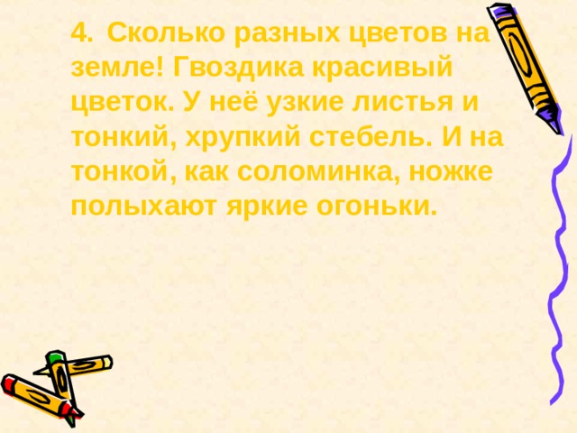  4.  Сколько разных цветов на земле! Гвоздика красивый цветок. У неё узкие листья и тонкий, хрупкий стебель. И на тонкой, как соломинка, ножке полыхают яркие огоньки. 