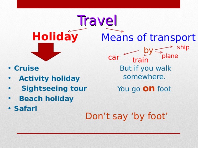 Travel  Holiday Holiday Holiday Holiday Means of transport ship by plane car train Cruise  Activity holiday  Sightseeing tour  Beach holiday Safari But if you walk somewhere. You go on foot  Don’t say ‘by foot’ 