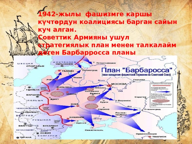1942-жылы фашизмге каршы күчтөрдун коалициясы барган сайын куч алган. Советтик Армияны ушул стратегиялык план менен талкалайм деген Барбарросса планы үзгүлтүккө учураган. 