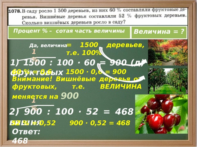 Процент % – сотая часть величины Величина = ?  Да, величина = 1500 деревьев, т.е. 100% 1 % 1) 1500 : 100 · 60 = 900 (д) фруктовых 60 % = 0,6 1500 · 0,6 = 900 Внимание! Вишнёвые деревья от фруктовых, т.е. ВЕЛИЧИНА меняется на 900 1 % 2) 900 : 100 · 52 = 468 (д) вишня 52 % = 0,52 900 · 0,52 = 468 Ответ: 468 