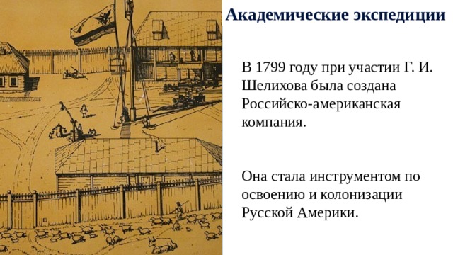 Академические экспедиции В 1799 году при участии Г. И. Шелихова была создана Российско-американская компания. Она стала инструментом по освоению и колонизации Русской Америки. 