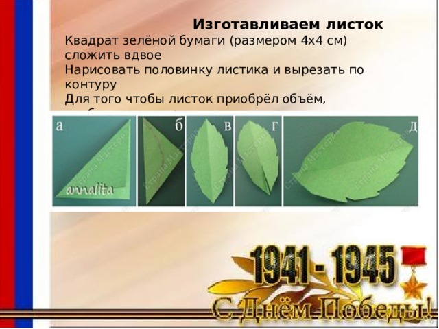  Изготавливаем листок Квадрат зелёной бумаги (размером 4х4 см) сложить вдвое Нарисовать половинку листика и вырезать по контуру Для того чтобы листок приобрёл объём, необходимо надрезать его у основания и склеить половинки, наложив одну на другую 