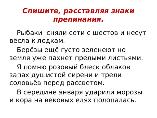 Спишите, расставляя знаки препинания.  Рыбаки сняли сети с шестов и несут вёсла к лодкам.  Берёзы ещё густо зеленеют но земля уже пахнет прелыми листьями.  Я помню розовый блеск облаков запах душистой сирени и трели соловьёв перед рассветом.  В середине января ударили морозы и кора на вековых елях полопалась. 