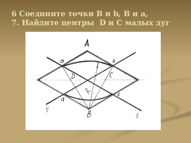 6 Соедините точки B и b, В и а,  7. Найдите центры D и С малых дуг 