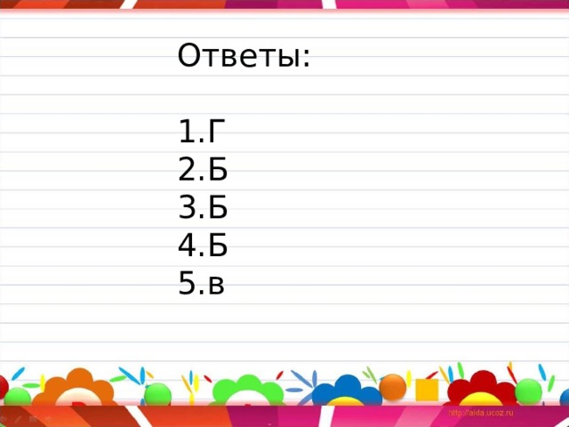 Ответы: Г Б Б Б в 