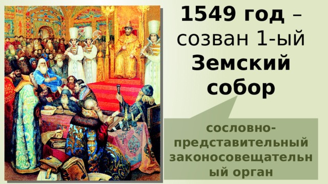 1549 год – созван 1-ый Земский собор сословно-представительный законосовещательный орган 