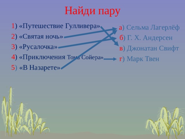 Найди пару 1 ) «Путешествие Гулливера» 2 ) «Святая ночь» 3 ) «Русалочка» 4 ) «Приключения Тома Сойера» 5 ) «В Назарете» а ) Сельма Лагерлёф  б ) Г. Х. Андерсен  в ) Джонатан Свифт  г ) Марк Твен