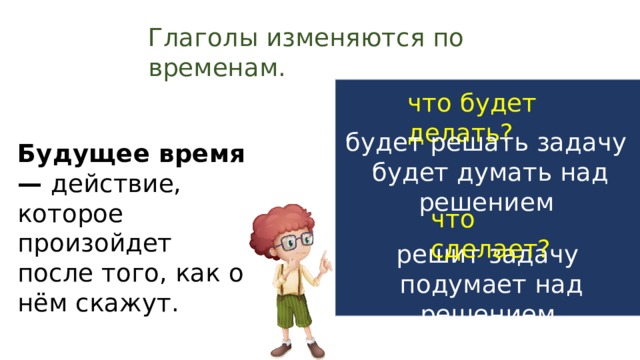 Глаголы изменяются по временам. что будет делать? будет решать задачу будет думать над решением Будущее время — действие, которое произойдет после того, как о нём скажут. что сделает? решит задачу  подумает над решением