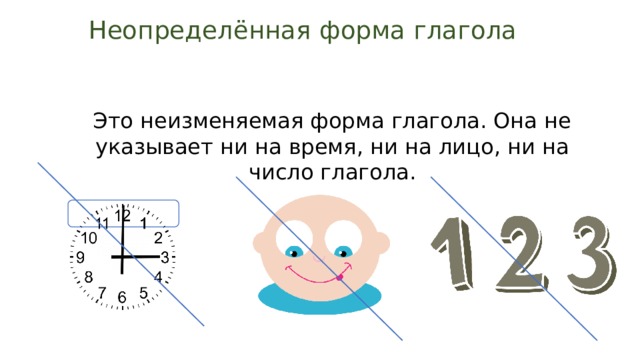 Неопределённая форма глагола Это неизменяемая форма глагола. Она не указывает ни на время, ни на лицо, ни на число глагола.