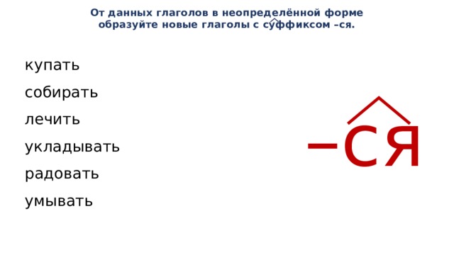 От данных глаголов в неопределённой форме образуйте новые глаголы с суффиксом –ся. купать собирать лечить укладывать радовать умывать – ся