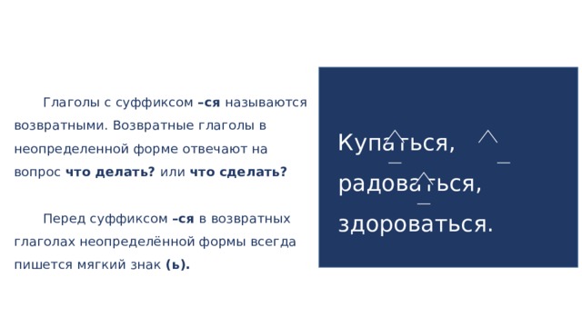 Глаголы с суффиксом –ся называются возвратными. Возвратные глаголы в неопределенной форме отвечают на вопрос что делать? или что сделать? Перед суффиксом –ся в возвратных глаголах неопределённой формы всегда пишется мягкий знак (ь).  Купаться, радоваться, здороваться.