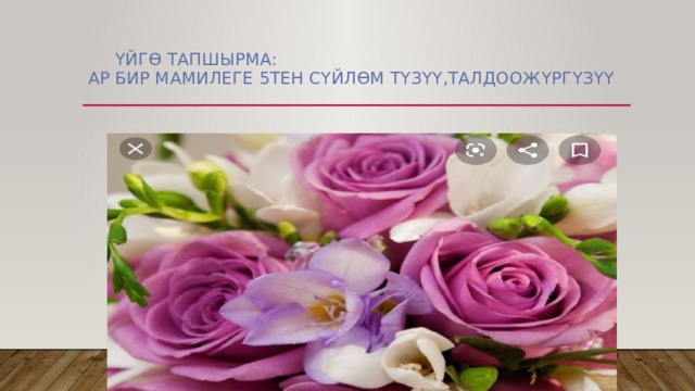  Үйгө тапшырма:  Ар бир мамилеге 5тен сүйлөм түзүү,талдоожүргүзүү 