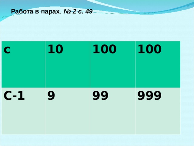 Работа в парах .  № 2 с. 49   с 10 С-1 9 100 100 99 999 