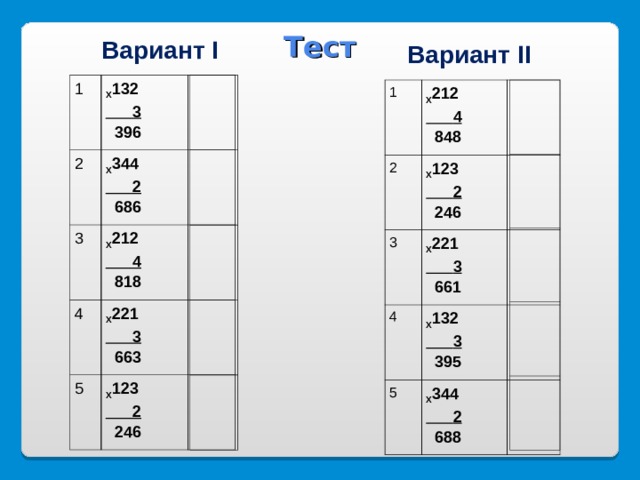 Тест Вариант I Вариант II 1 2 Х 132  3   396 3 Х 344  2   686 Х 212  4   818 4 5 Х 221  3   663 Х 123  2   246 1 2 Х 2 12  4   84 8 3 Х 12 3  2   2 46 Х 2 21  3   661 4 5 Х 1 3 2  3   395 Х 3 44  2   6 88       