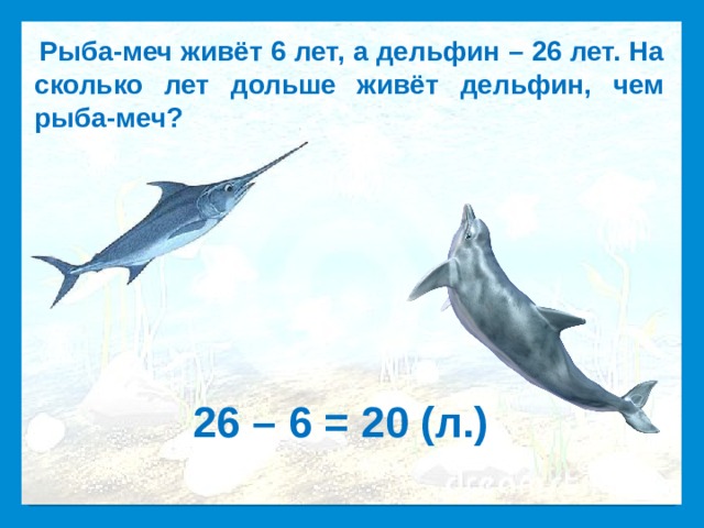  Рыба-меч живёт 6 лет, а дельфин – 26 лет. На сколько лет дольше живёт дельфин, чем рыба-меч?   26 – 6 = 20 (л.) 