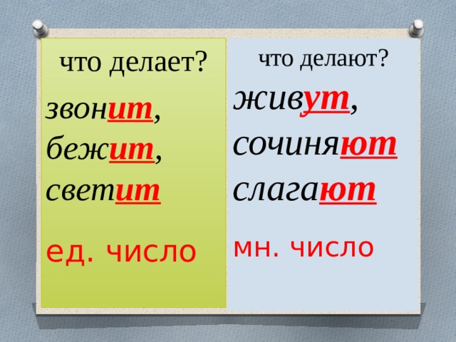 что делает? что делают? звон ит , беж ит , свет ит жив ут , сочиня ют слага ют   ед. число мн. число 