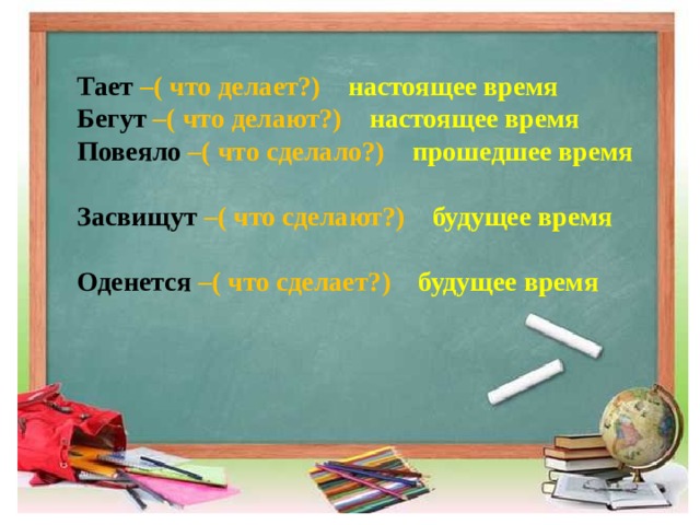 Тает –( что делает?) настоящее время Бегут –( что делают?)  настоящее время  Повеяло –( что сделало?) прошедшее время   Засвищут –( что сделают?) будущее время   Оденется –( что сделает?) будущее время   