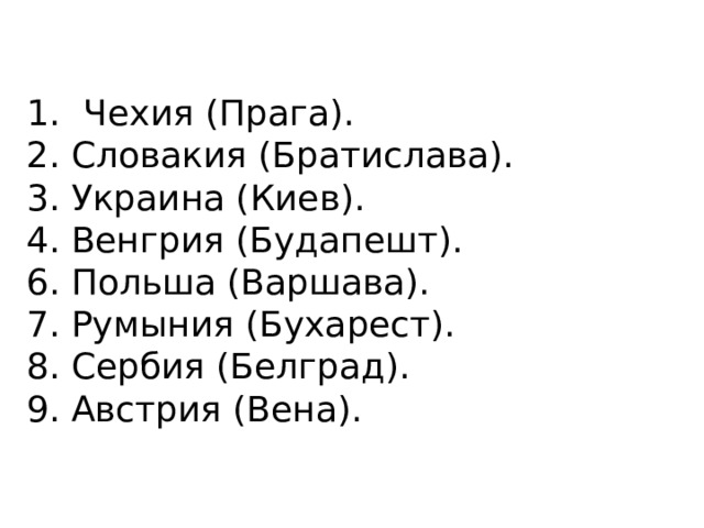 Чехия (Прага). 2. Словакия (Братислава). 3. Украина (Киев). 4. Венгрия (Будапешт). 6. Польша (Варшава). 7. Румыния (Бухарест). 8. Сербия (Белград). 9. Австрия (Вена). 