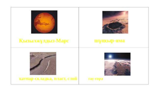    шұңқыр-яма Қызылжұлдыз-Марс қатпар-складка, пласт, слой тау-гора 