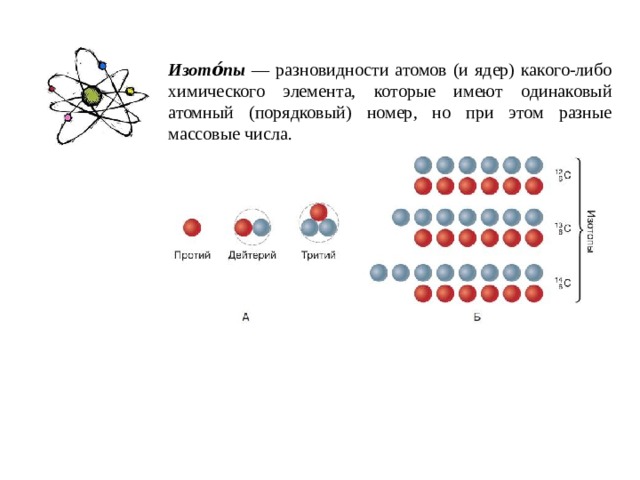 Изото́пы — разновидности атомов (и ядер) какого-либо химического элемента, которые имеют одинаковый атомный (порядковый) номер, но при этом разные массовые числа. Химический элемент – это вид атомов с одинаковым зарядом ядра. 