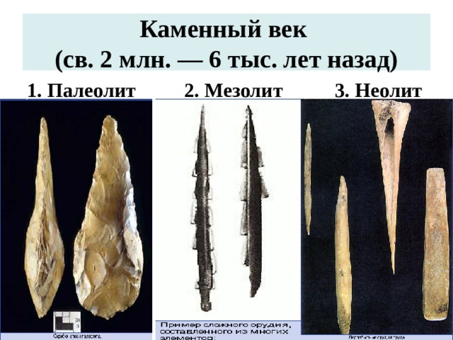 Каменный век  (св. 2 млн. — 6 тыс. лет назад) 1. Палеолит 2. Мезолит 3. Неолит 