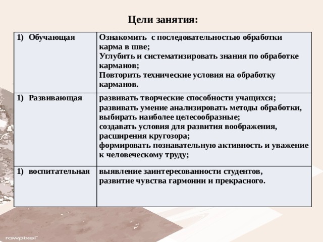 Цели занятия: Обучающая Ознакомить с последовательностью обработки карма в шве; Развивающая Углубить и систематизировать знания по обработке карманов; развивать творческие способности учащихся; воспитательная Повторить технические условия на обработку карманов. развивать умение анализировать методы обработки, выбирать наиболее целесообразные; выявление заинтересованности студентов, создавать условия для развития воображения, расширения кругозора; развитие чувства гармонии и прекрасного. формировать познавательную активность и уважение к человеческому труду; 