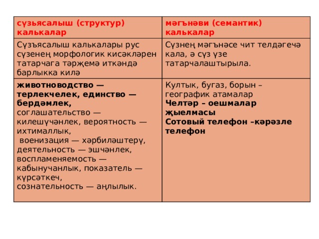 сүзьясалыш (структур) калькалар мәгънәви (семантик) калькалар Сүзъясалыш калькалары рус сүзенең морфологик кисәкләрен татарчага тәрҗемә иткәндә барлыкка килә Сүзнең мәгънәсе чит телдәгечә кала, ә сүз үзе татарчалаштырыла. животноводство — терлекчелек, единство — бердәмлек, соглашательство — килешүчәнлек, вероятность — ихтималлык, Култык, бугаз, борын – географик атамалар  военизация — хәрбиләштерү, деятельность — эшчәнлек, воспламеняемость — кабынучанлык, показатель — күрсәткеч, Челтәр – оешмалар җыелмасы сознательность — аңлылык. Сотовый телефон –кәрәзле телефон 