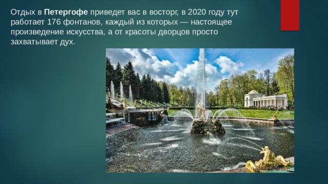 Отдых в Петергофе приведет вас в восторг, в 2020 году тут работает 176 фонтанов, каждый из которых — настоящее произведение искусства, а от красоты дворцов просто захватывает дух. 